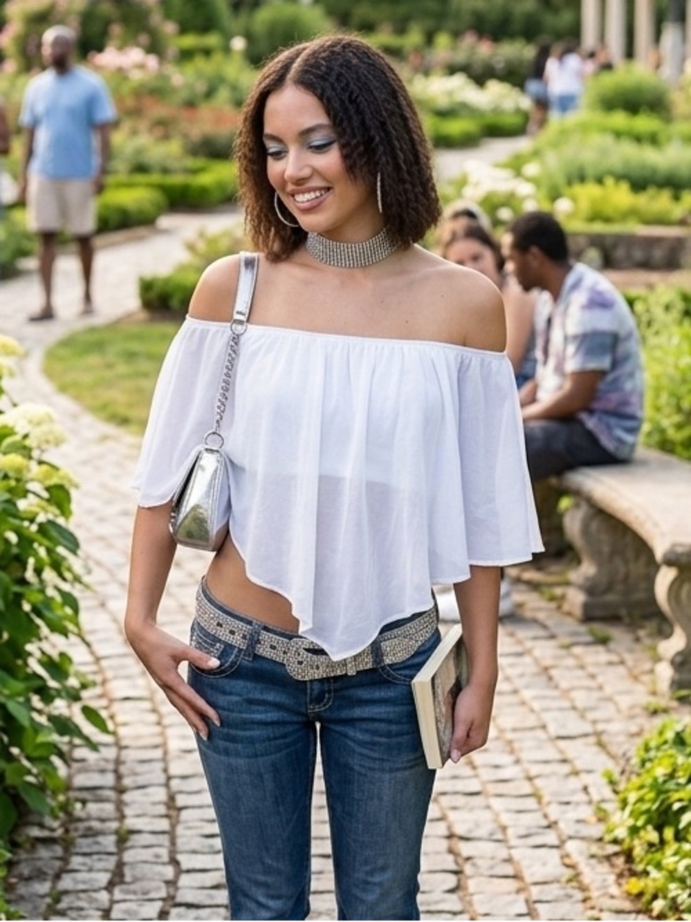 Express Y2K White Smocked Off The Shoulder Flowy Drape Top XS Going Out Top Boho